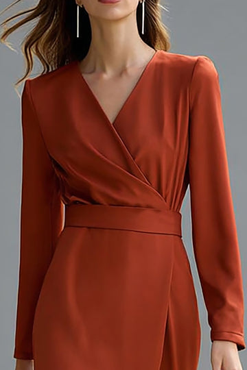 Red V-Neck Sheath Long Sleeve Midi Work Dress